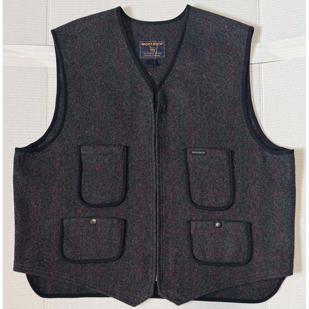 WOOLRICH Malone - Men's Vest - Gray Red Pinstripe Wool Blend Full Zip - XL
